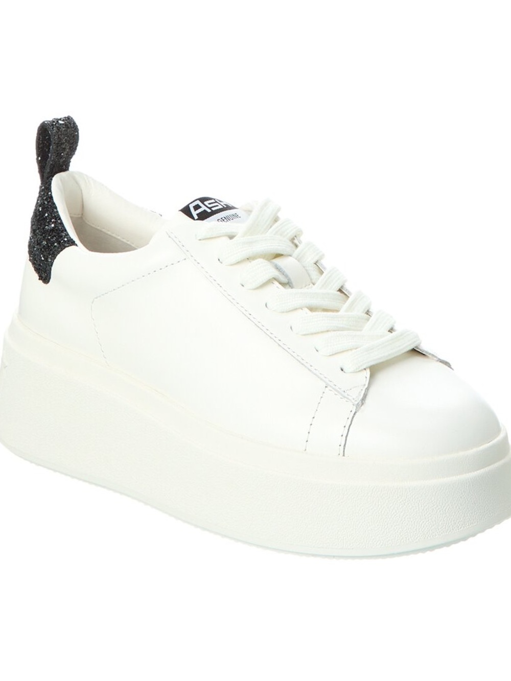 ASH White Leather Platform Sneakers with Black Glitter Heel and Red Sole Accent